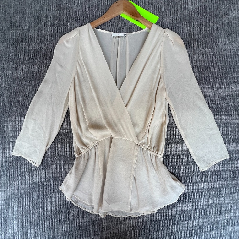 Babaton Aritzia Wrap Top Womens XS Cream Silk V-Neck Elastic Waist Puff Shoulder